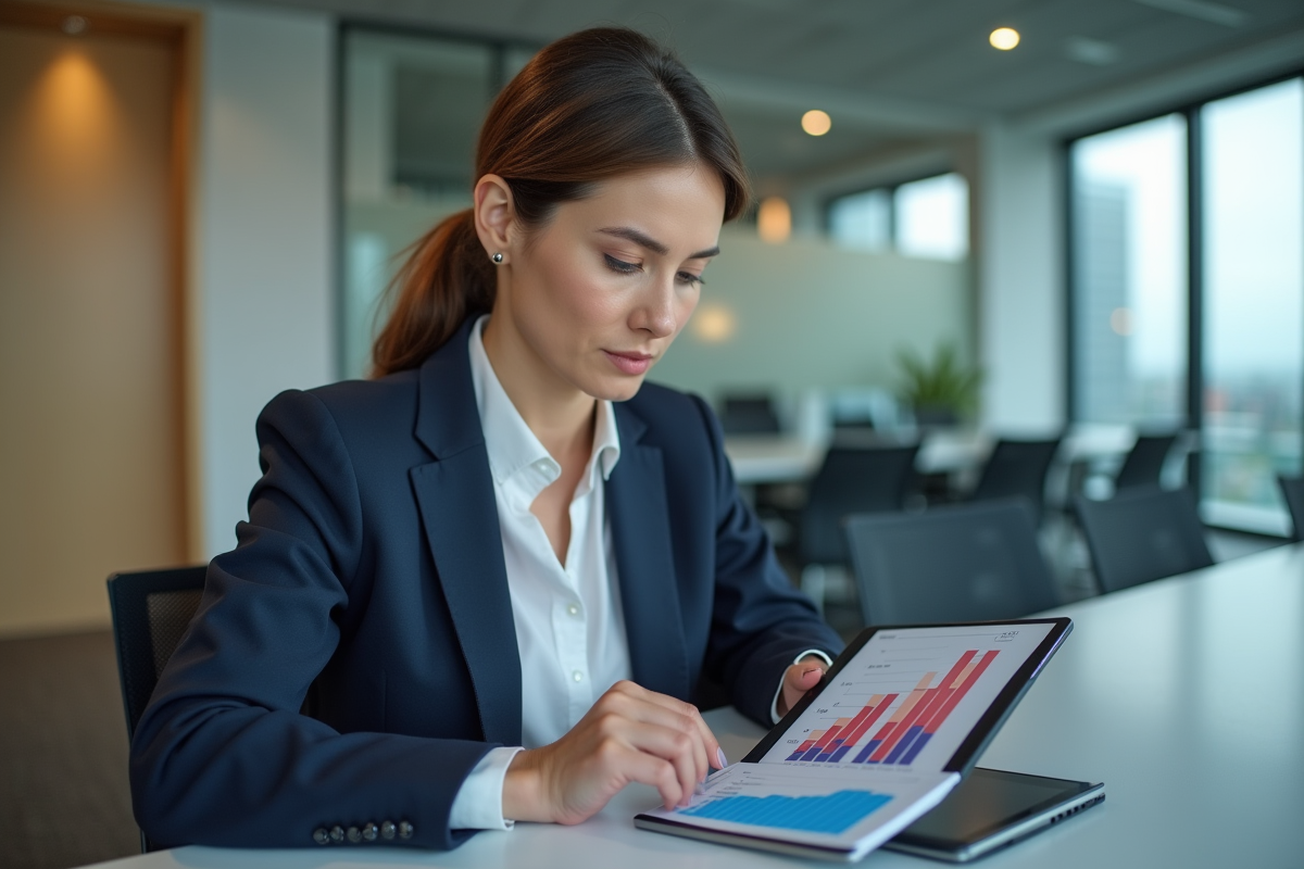 Femme d'affaires en costume bleu analysant un graphique