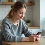 Femme utilisant l'application mobile Stootie Media Conseils sur son smartphone à la table de cuisine