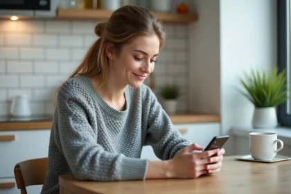 Femme utilisant l'application mobile Stootie Media Conseils sur son smartphone à la table de cuisine