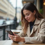 Femme utilisant l'application Nomade Ville de Paris sur smartphone dans un café parisien
