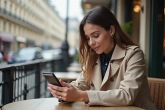 Femme utilisant l'application Nomade Ville de Paris sur smartphone dans un café parisien