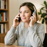 Femme contactant le service client Orange par téléphone depuis son bureau à domicile