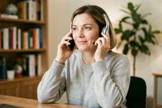 Femme contactant le service client Orange par téléphone depuis son bureau à domicile