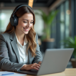 Femme au bureau avec casque sans fil et sourire motivé