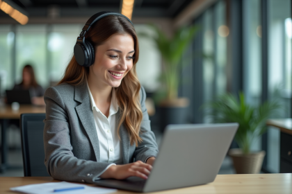 Femme au bureau avec casque sans fil et sourire motivé