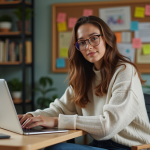 Jeune femme travaillant sur son ordinateur dans un bureau cosy