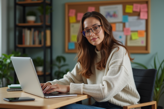 Jeune femme travaillant sur son ordinateur dans un bureau cosy