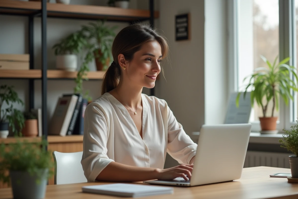 Femme en télétravail dans un bureau lumineux