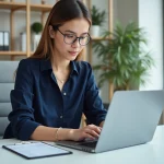 Jeune femme au bureau consulte une facture digitale