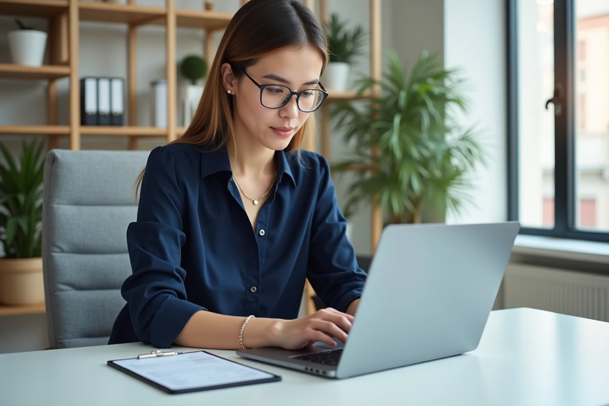 Jeune femme au bureau consulte une facture digitale