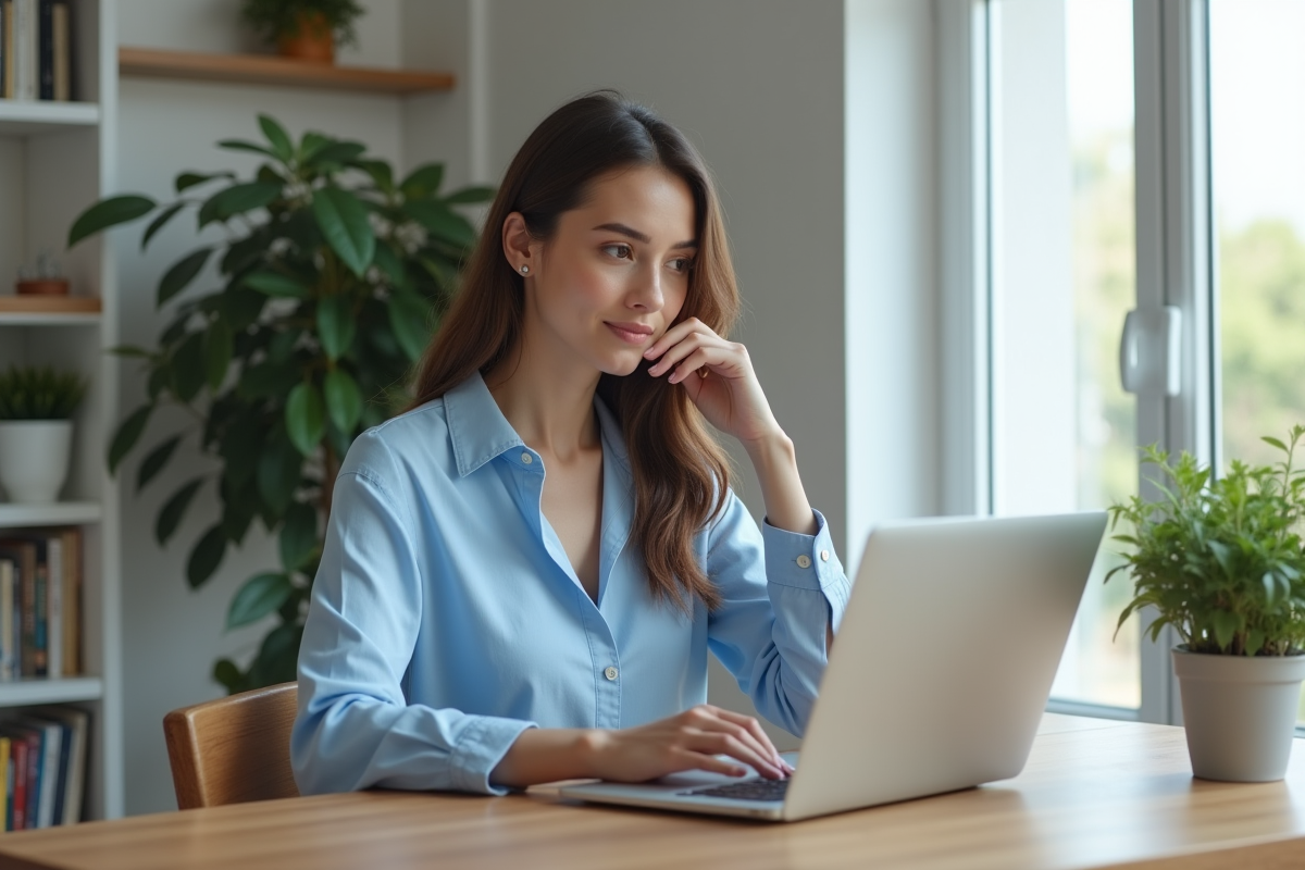 Femme au bureau moderne travaillant sur son ordinateur portable