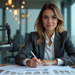 Femme professionnelle analysant des données avec micro en bureau