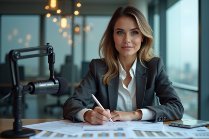 Femme professionnelle analysant des données avec micro en bureau