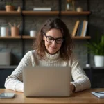 Femme d'âge moyen travaillant sur son ordinateur dans un bureau moderne