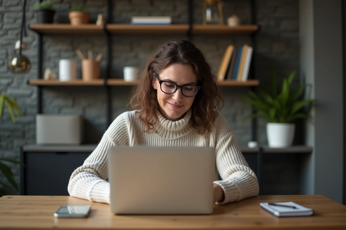 Femme d'âge moyen travaillant sur son ordinateur dans un bureau moderne