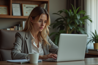 Femme en bureau professionnel en train de mettre à jour son profil