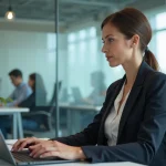 Femme d affaires concentrée sur son ordinateur dans un bureau moderne