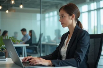 Femme d affaires concentrée sur son ordinateur dans un bureau moderne