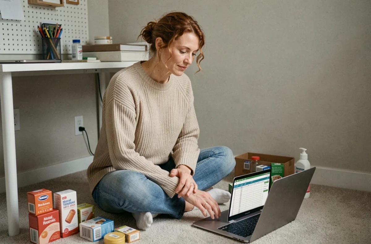 Femme gérant son activité de vente à domicile à temps partiel depuis son bureau personnel avec un ordinateur portable et des produits