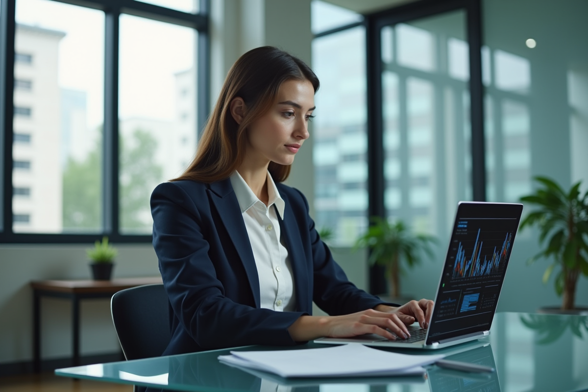 Femme en bureau moderne analysant des données sur son ordinateur