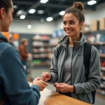 Femme en tenue sportive offrant une carte cadeau au magasin