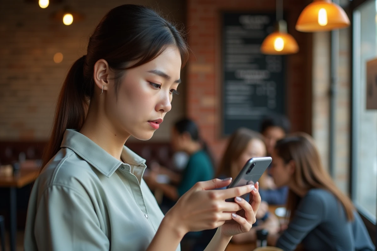 Jeune femme au café vérifiant une transaction financière