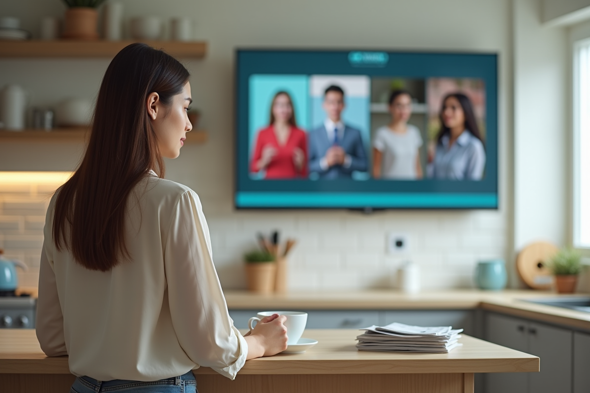 Jeune femme avec café devant la télévision dans la cuisine moderne