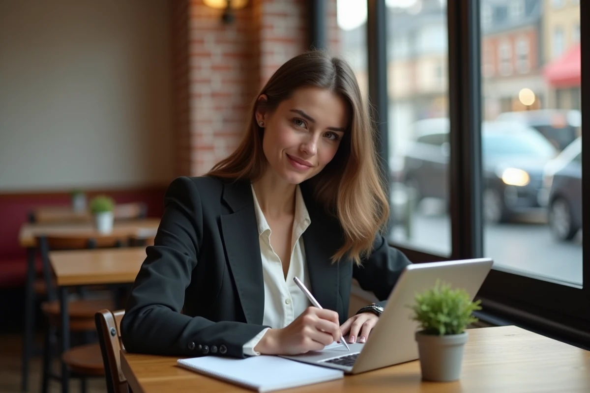 Jeune femme prenant des notes dans un café lumineux