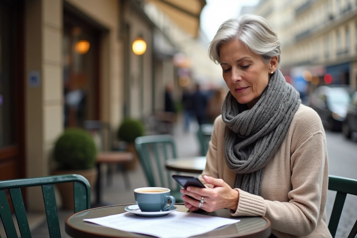 Femme d age dans un café parisien avec smartphone