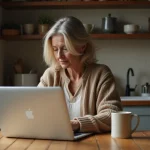 Femme d'âge moyen assise à une table de cuisine en automne