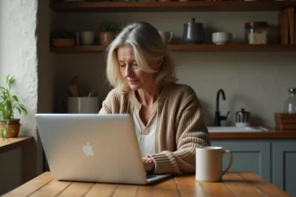 Femme d'âge moyen assise à une table de cuisine en automne