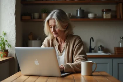 Femme d'âge moyen assise à une table de cuisine en automne