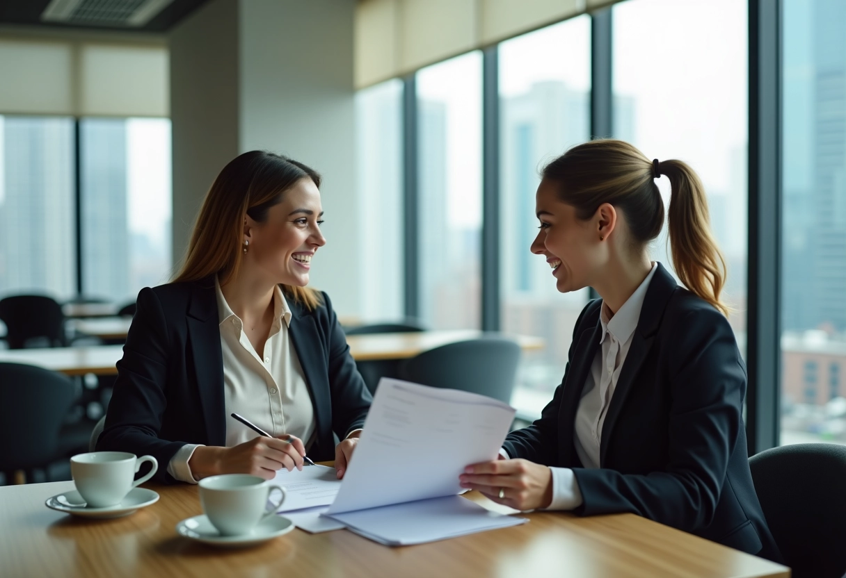 Jeune femme au bureau discute avec une collegue