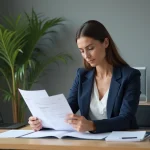 Femme professionnelle comparant une facture acquittée et un reçu de paiement sur un bureau en bois