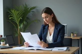 Femme professionnelle comparant une facture acquittée et un reçu de paiement sur un bureau en bois
