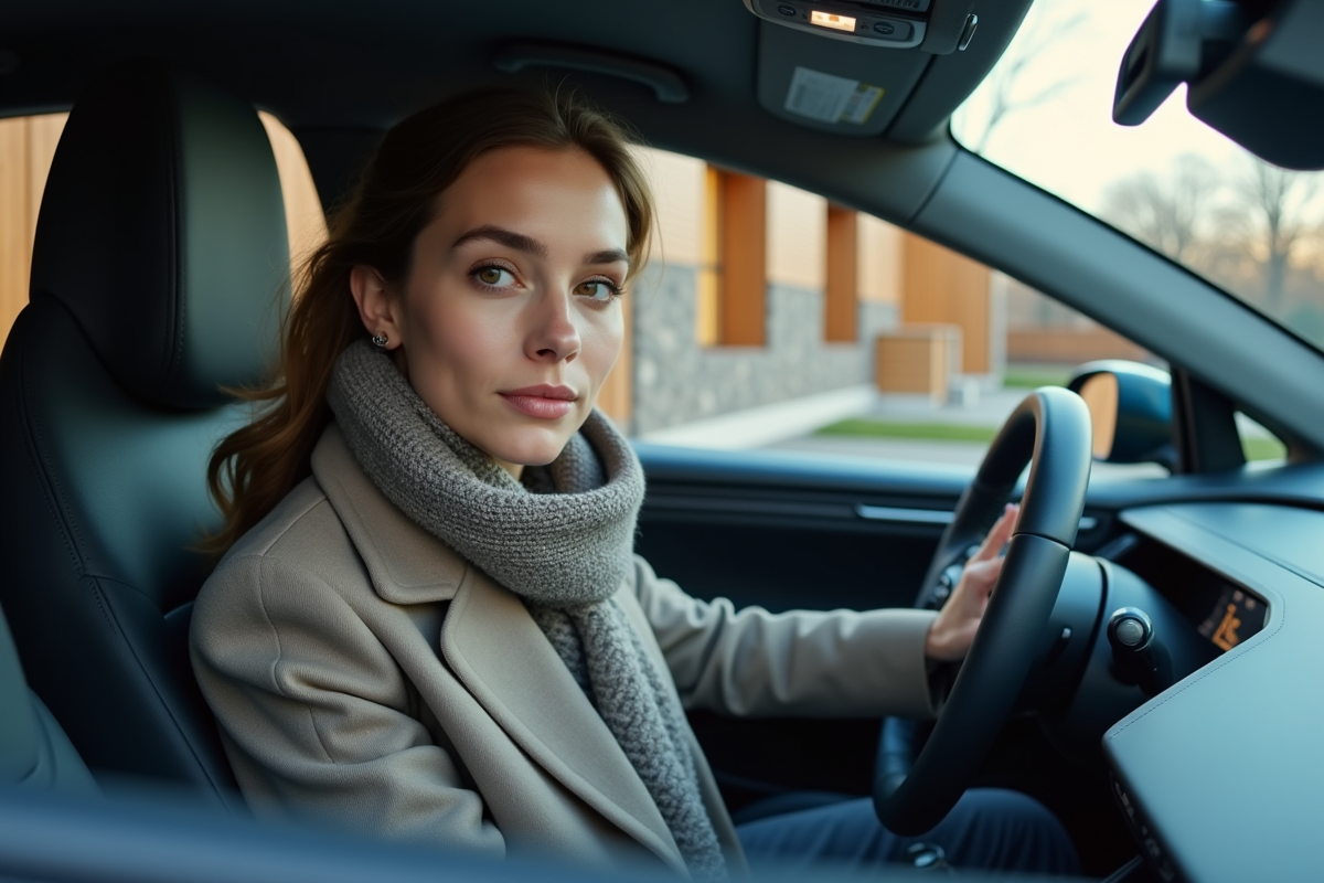 Jeune femme dans voiture électrique dans une allée résidentielle