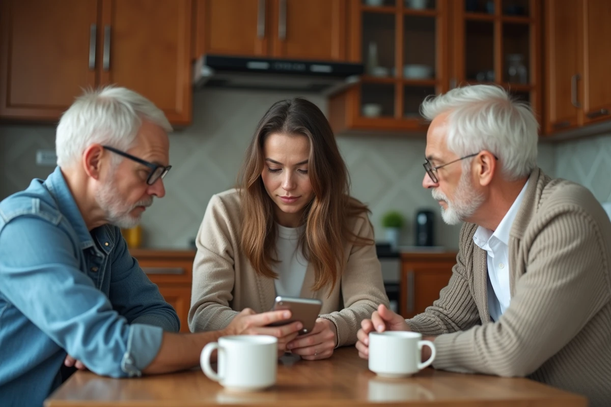 Femme montrant son smartphone à une famille dans la cuisine