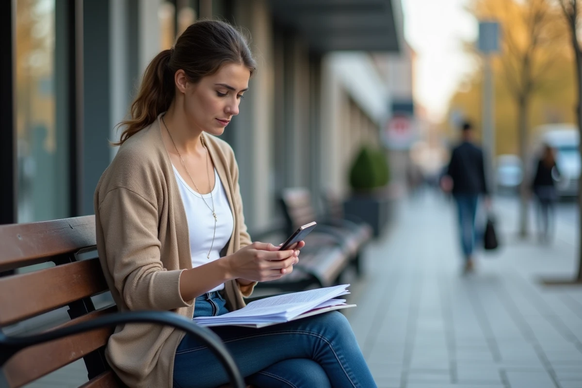 Femme assise dehors avec smartphone et dossier de papiers