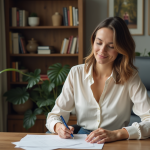 Femme écrivant une lettre dans un bureau cosy