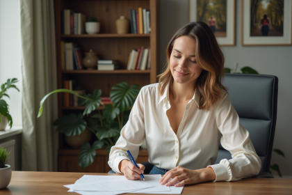 Femme écrivant une lettre dans un bureau cosy
