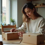 Femme de 40 ans assembleant des boîtes en carton à la maison