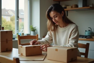 Femme de 40 ans assembleant des boîtes en carton à la maison