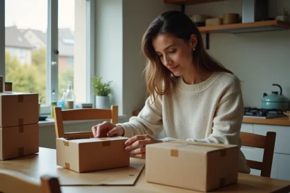 Femme de 40 ans assembleant des boîtes en carton à la maison