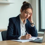 Femme entrepreneur concentrée prenant des notes dans un carnet pour structurer ses conseils business sans se disperser