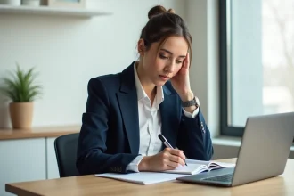 Femme entrepreneur concentrée prenant des notes dans un carnet pour structurer ses conseils business sans se disperser