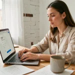 Femme entrepreneur créant son entreprise en ligne sur un ordinateur portable dans un bureau à domicile moderne