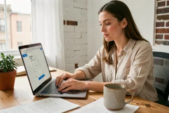 Femme entrepreneur créant son entreprise en ligne sur un ordinateur portable dans un bureau à domicile moderne