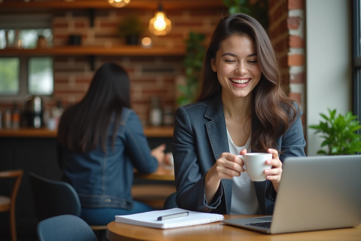 Jeune femme entrepreneure travaillant au café en souriant