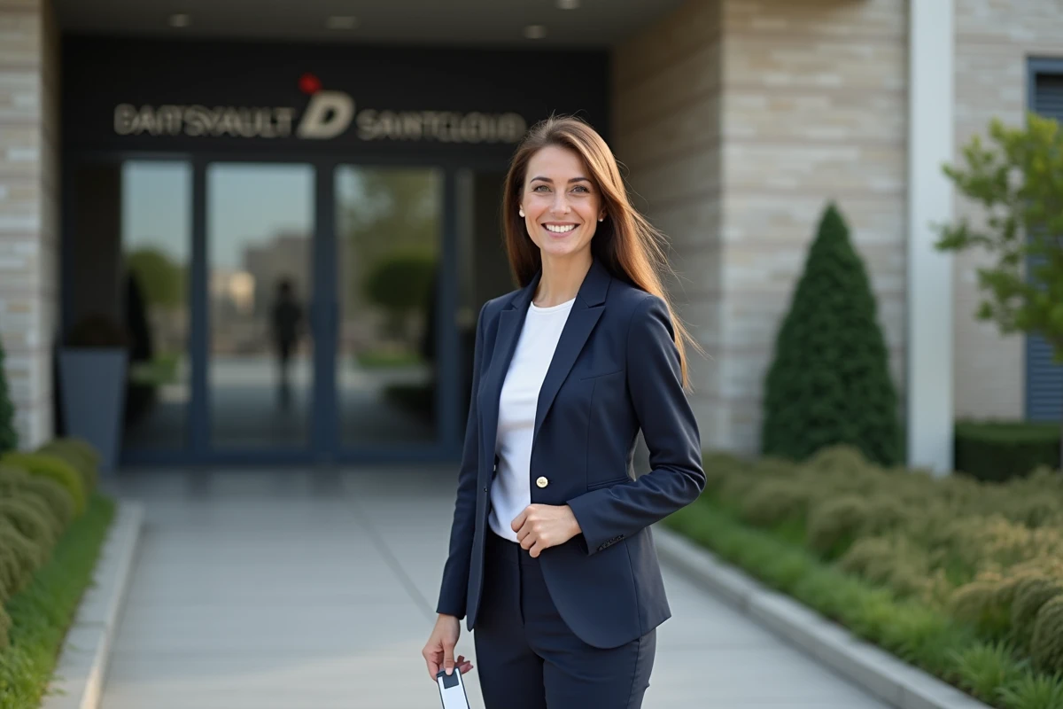 Femme souriante devant le siège de Dassault Aviation à Saint-Cloud