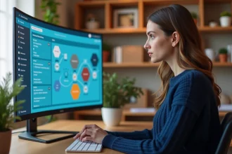 Femme utilisant la plateforme EXAGONLINE sur un ordinateur de bureau à domicile en 2026